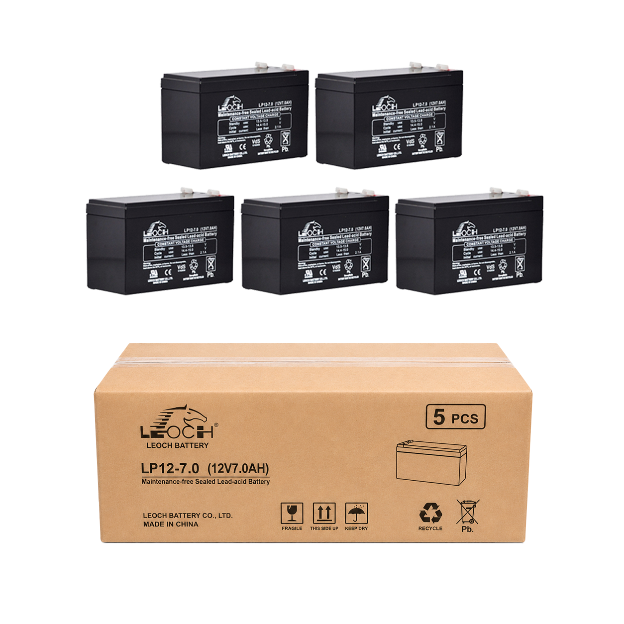 Batería AGM 7Ah 12V Leoch LP12-7 pack x 5 unidades 1 batería para alarmas y ups 12v 7ah leoch importador oficial en Argentina por mayor